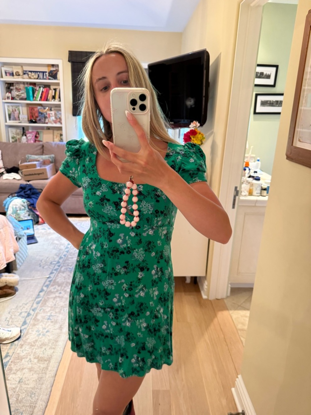 Green Floral Square-Neck Mini Dress with Puff Sleeves